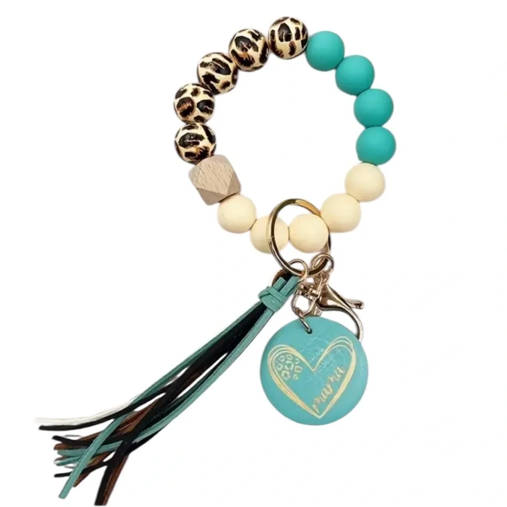 Green Leopard Print Beaded Silicone Mama Keychain